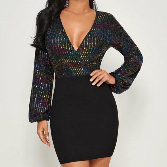 Plugging Neck Wrap Sequin Bodice Bodycon Dress - Picture 4 of 5